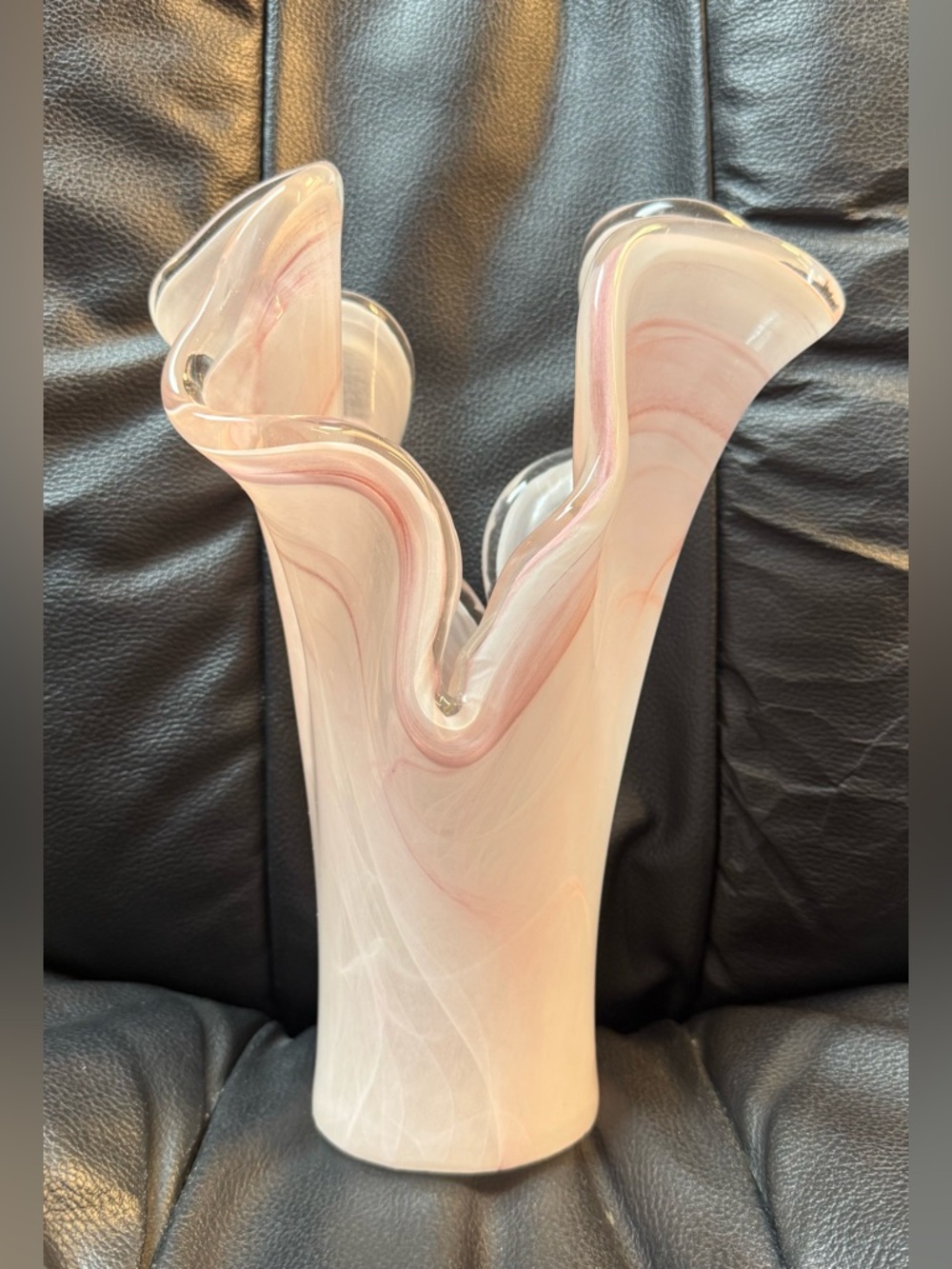 Handblown Pink Swirl Hand made Art Glass ruffled Vase 10” tall